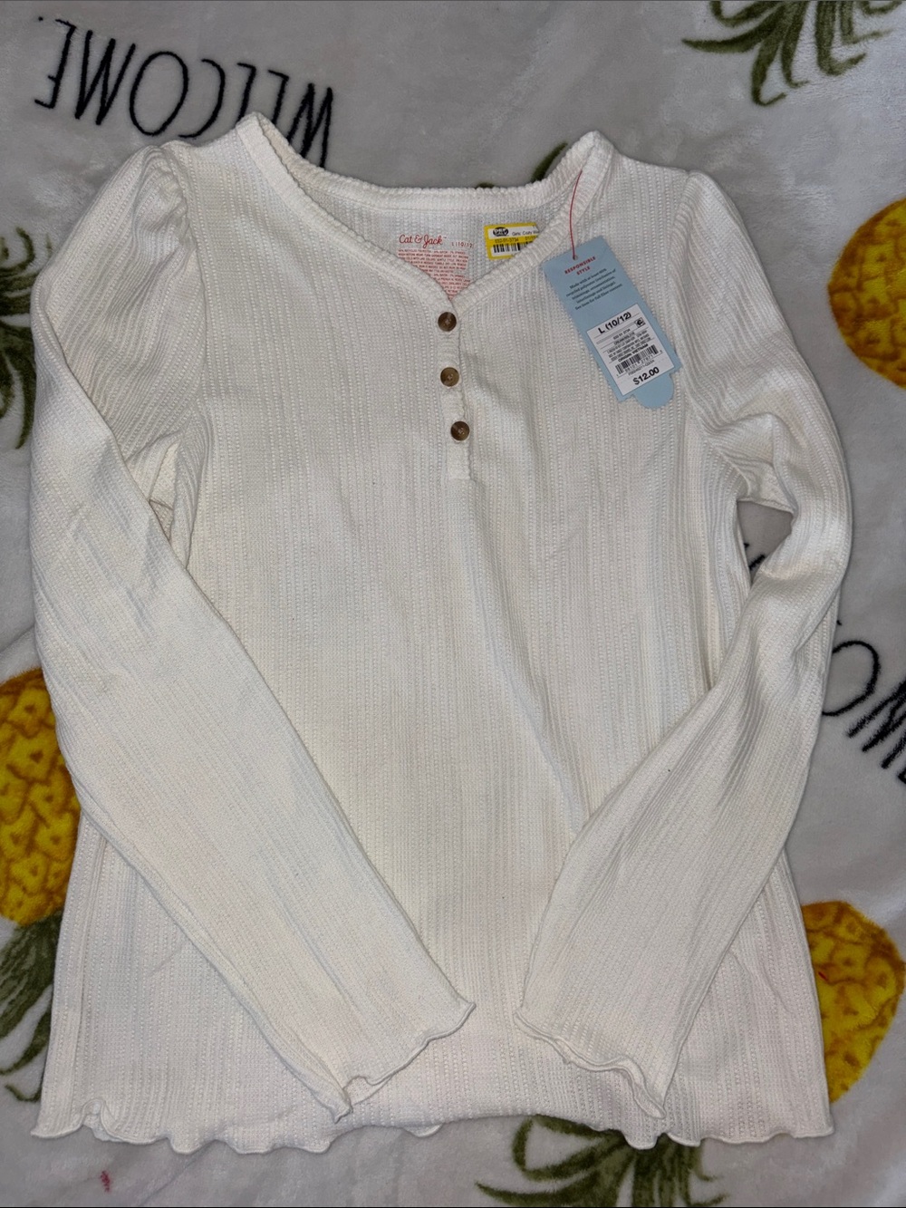 Cat & Jack Long-Sleeve Ribbed Henley Top in Off-White large 10/12